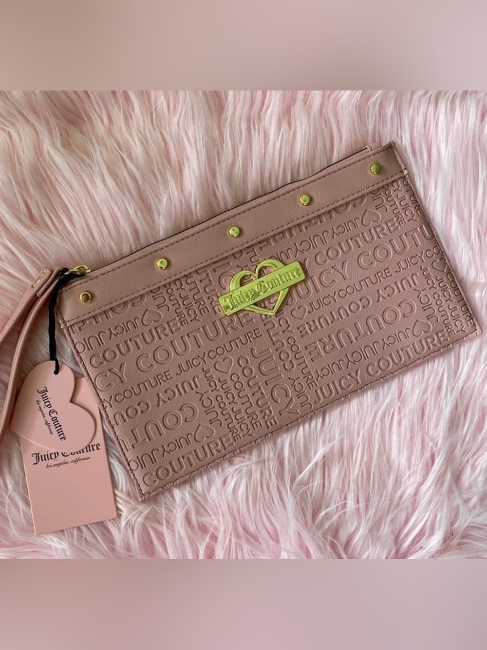 Juicy Couture Blush Pink Embossed Logo Wristlet with Gold Accent